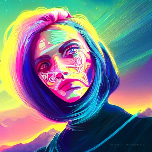 Image similar to colorful character portrait of a woman in the desert at night among the stars, set in the future 2 1 5 0, highly detailed face, very intricate, symmetrical, cinematic lighting, award - winning, painted by mandy jurgens, pan futurism, dystopian, bold colors, dark vibes, cyberpunk, groovy vibe, anime aesthetic, featured on artstation