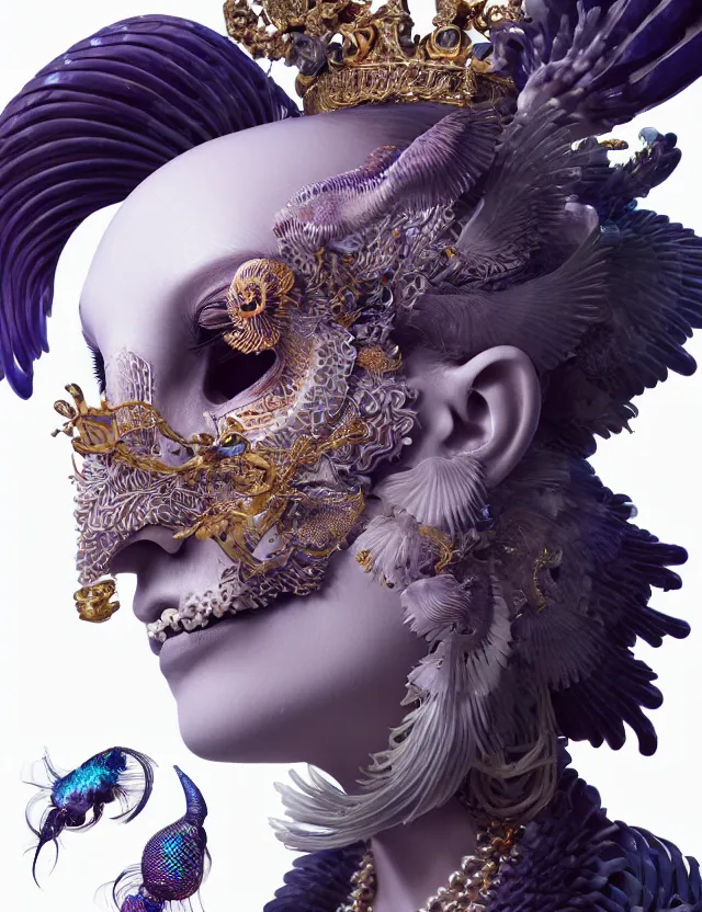 Image similar to 3 d goddess close - up profile portrait with crown, ram skull. beautiful intricately detailed japanese crow kitsune mask and clasical japanese kimono. betta fish, jellyfish phoenix, bio luminescent, plasma, ice, water, wind, creature, artwork by tooth wu and wlop and beeple and greg rutkowski