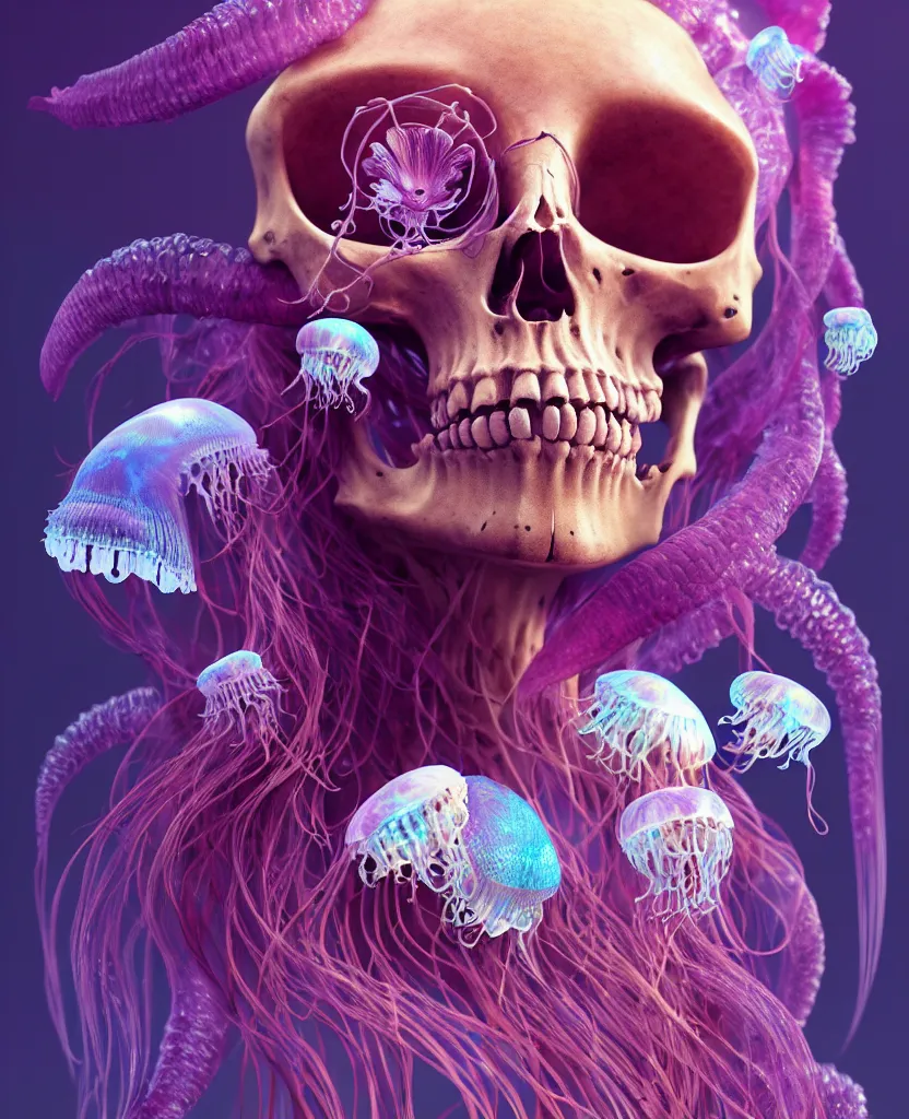 Image similar to goddess close - up portrait human skeleton, ram skull, jellyfish, orchid, betta fish, bioluminiscent, intricate artwork by tooth wu and wlop and beeple. octane render, trending on artstation, greg rutkowski very coherent symmetrical artwork. cinematic, hyper realism, high detail, octane render, 8 k