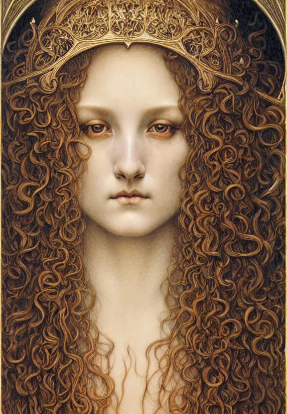 Image similar to detailed realistic beautiful young medieval queen face portrait by jean delville, gustave dore and marco mazzoni, art nouveau, symbolist, visionary, gothic, pre - raphaelite. horizontal symmetry