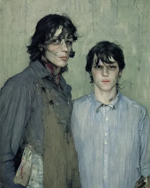 Image similar to two handsome but creepy siblings in layers of fear, with haunted eyes, 1 9 7 0 s, seventies, wallpaper, a little blood, moonlight showing injuries, delicate embellishments, painterly, offset printing technique, by coby whitmore, jules bastien - lepage