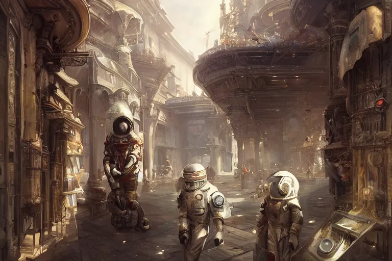 Image similar to white futuristic astronaut shopping at ancient renaissance florence vendor, rule of thirds, time travel scenery, nvidia, by wlop, peter mohrbacher, artgerm, jakub rebelka, visually stunning, beautiful, masterpiece