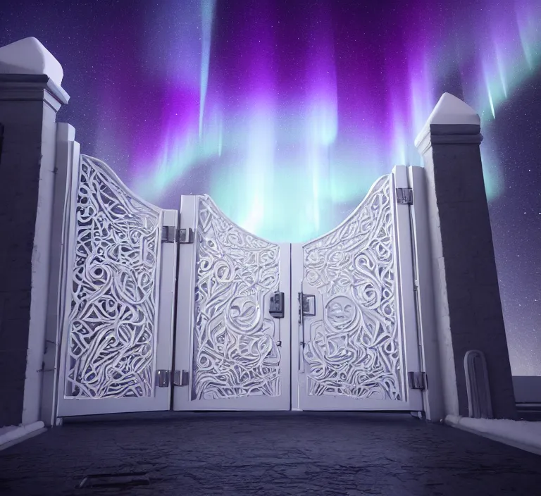 Image similar to a very detailed concept art of intricate and modern white gates to aurora borealis infused with magic, dynamic lighting trending on artstation, symmetry, digital art, 4 k, hyper realistic, octane render, sharp focus