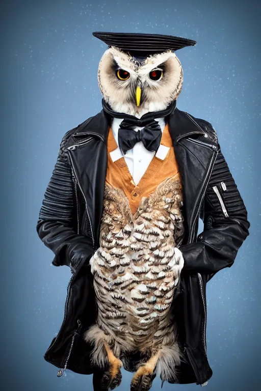 Prompt: cute owl wearing black biker jacket, portrait photo, backlit, studio photo, bow tie, background colorful, kobalt blue, tophat over head