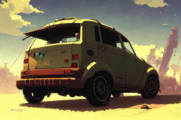 Prompt: dieselpunk honda e, painted by greg rutkowski makoto shinkai takashi takeuchi studio ghibli, akihiko yoshida