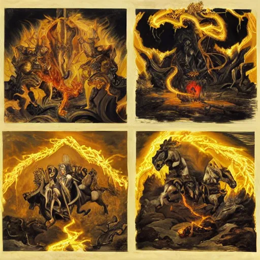 Prompt: Four Horseman of the Apocalypse killing god and destroying his kingdom with lightning, lightning in the shape of a face surrounded by golden layers of fire