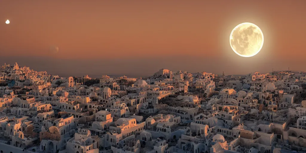 Image similar to human futuristic city, highly detailed,, beautiful architecture greek style, si - fi, golden hour light, two moon on the sky, 8 k, sharp focus, cinematic