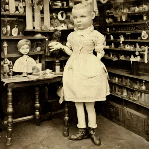 Image similar to victorian child standing in a doll maker's shop