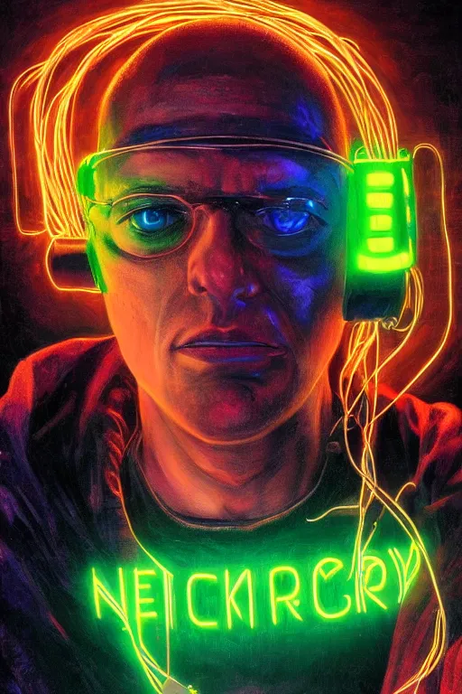 Prompt: stunning highly detailed portrait of a neuromancer hacker with cyber headgear surrounded by wires, neon colors, oil on canvas, strong lighting, by Glenn Fabry, HD, 4K