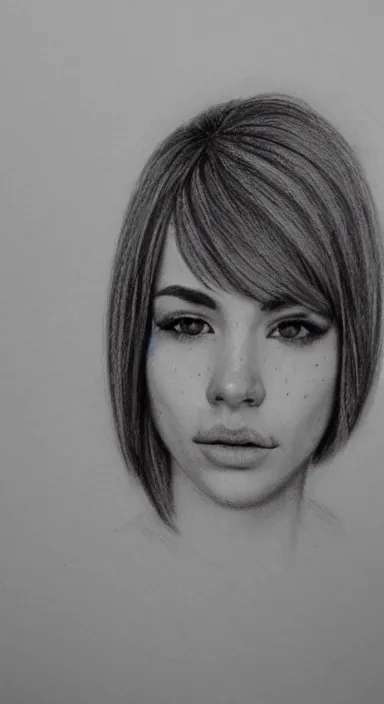 Prompt: highly detailed realistic pencil sketch portrait of a beautiful woman with short hair and bangs and freckles