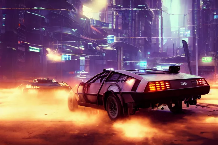 Prompt: photo of the back to the future combat delorean driving on wet post apocalyptic dystopian cyberpunk city streets at night, rocket league, mad max, action, speed, volumetric lighting, hdr, gta 5, makoto shinkai, syd mead, craig mullins, cinematic, fast and furious, octane, 8 k, iso 1 0 0, 1 2 mm