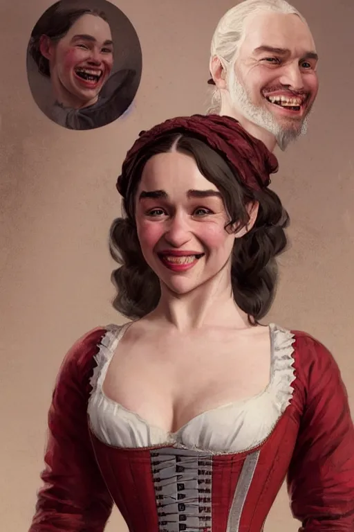 Prompt: Emilia Clarke smiling warmly in a 1800s American Corset in Red Dead Redemption anatomy, only two hands, highly detailed, digital painting, artstation, concept art, smooth, sharp focus, illustration, Unreal Engine 5, 8K, art by art by artgerm and greg rutkowski and edgar maxence