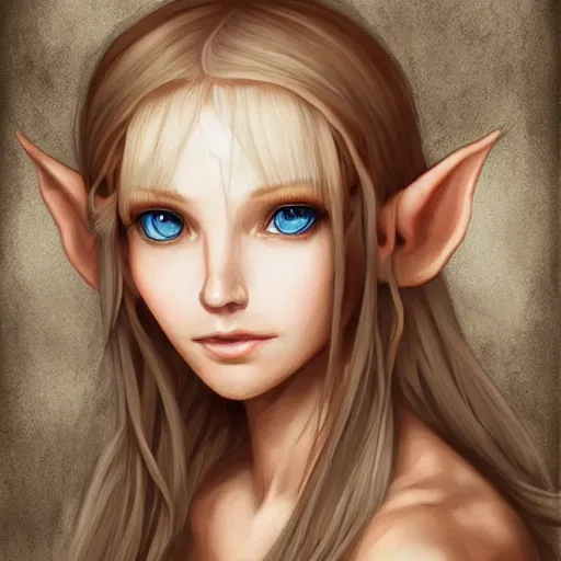 Prompt: portrait, 30 years old women :: fantasy elf, small ears :: bright blue eyes, long straight blonde hair, flower in hair :: attractive, symmetric face :: brown medieval cloting, natural materials :: high detail, digital art, RPG, concept art, illustration