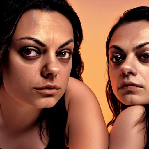 Image similar to Selfie photograph of Mila Kunis and Mila Kunis, golden hour, 8k, photographed by Erwin Olaf