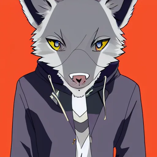 Image similar to key anime visual portrait of an anthropomorphic anthro wolf fursona, in a jacket, with handsome eyes, official modern anime art