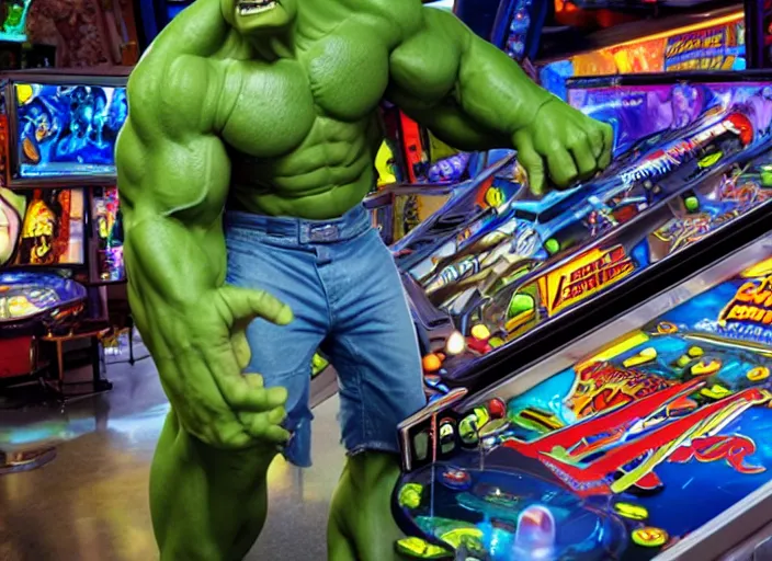 Image similar to film still of Hulk playing pinball in the new Avengers movie, 4k