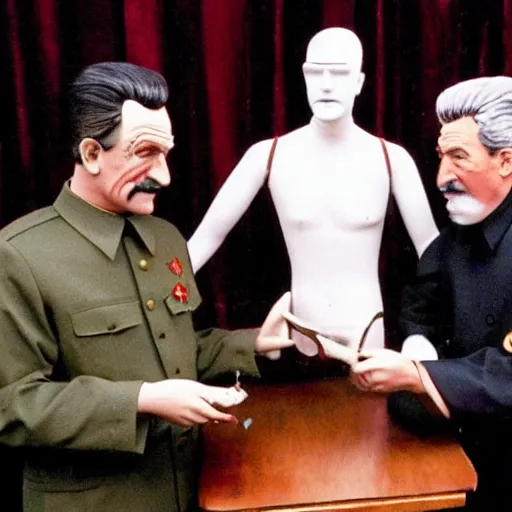 Image similar to mannequins of bryan cranston and stalin, bryan cranston is holding up a ziplock with meth, stalin is surprised