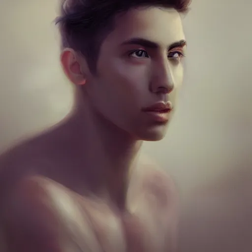 Prompt: ethereal aesthetic painting of a beautiful man with tan skin and short dark hair, clean shaven, angelic, 4k, trending on artstation