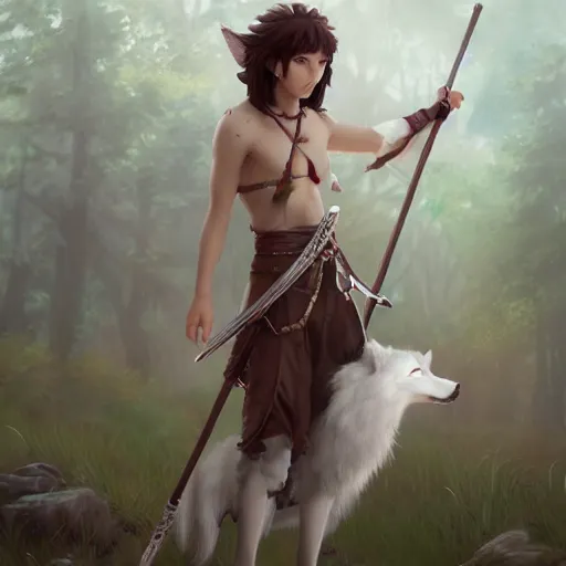 Prompt: Princess Mononoke holding a spear, standing next to Moro the white wolf, portrait by loish and WLOP, octane render, dark fantasy, trending on ArtStation