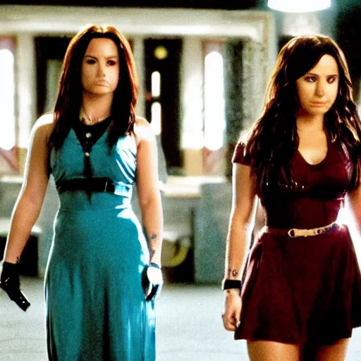 Image similar to close-up of Demi Lovato as Piper Halliwell and Selena Gomez as Phoebe Halliwell and Ariana Grande as Prue Halliwell in a Charmed movie directed by Christopher Nolan, movie still frame, promotional image, imax 35 mm footage