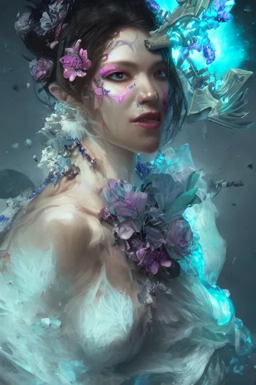 Image similar to face closeup of beautiful girl necromancer, witch - doctor covered with crystals exploding into ice, 3 d render, hyper realistic detailed portrait, holding magic flowers, ruan jia, wlop. scifi, fantasy, hyper detailed, octane render, concept art, peter mohrbacher