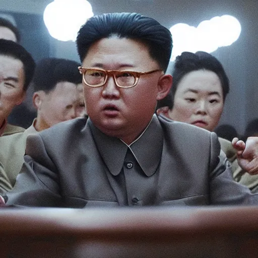 Image similar to low resolution filmstill of a north Korean thriller in the style of Kim Jong-il and Shinya Tsukamoto, Mamiya medium format, cinemascope