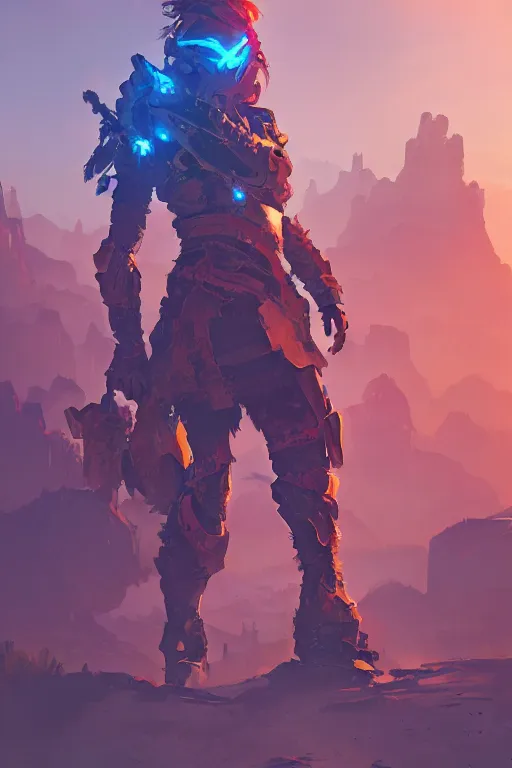 Image similar to combination suit armor aloy horizon forbidden west horizon zero dawn radiating a glowing aura global illumination ray tracing hdr fanart arstation by ian pesty and alena aenami artworks in 4 k tribal robot ninja mask helmet backpack