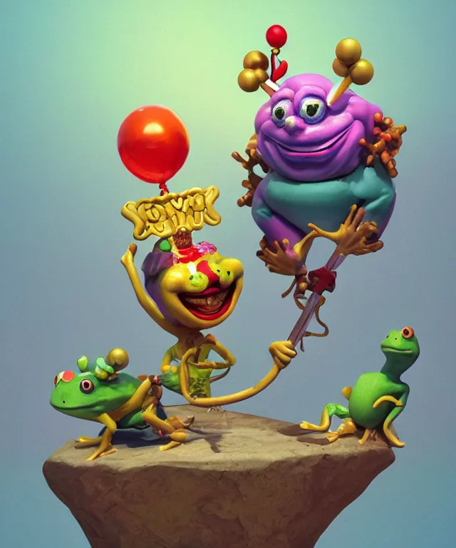 Image similar to clown frog king pulls the sword from the stone, clown frog king wearing clown makeup and rainbow wig, clown crown artwork by Todd Schorr, 3D rendering by Beeple