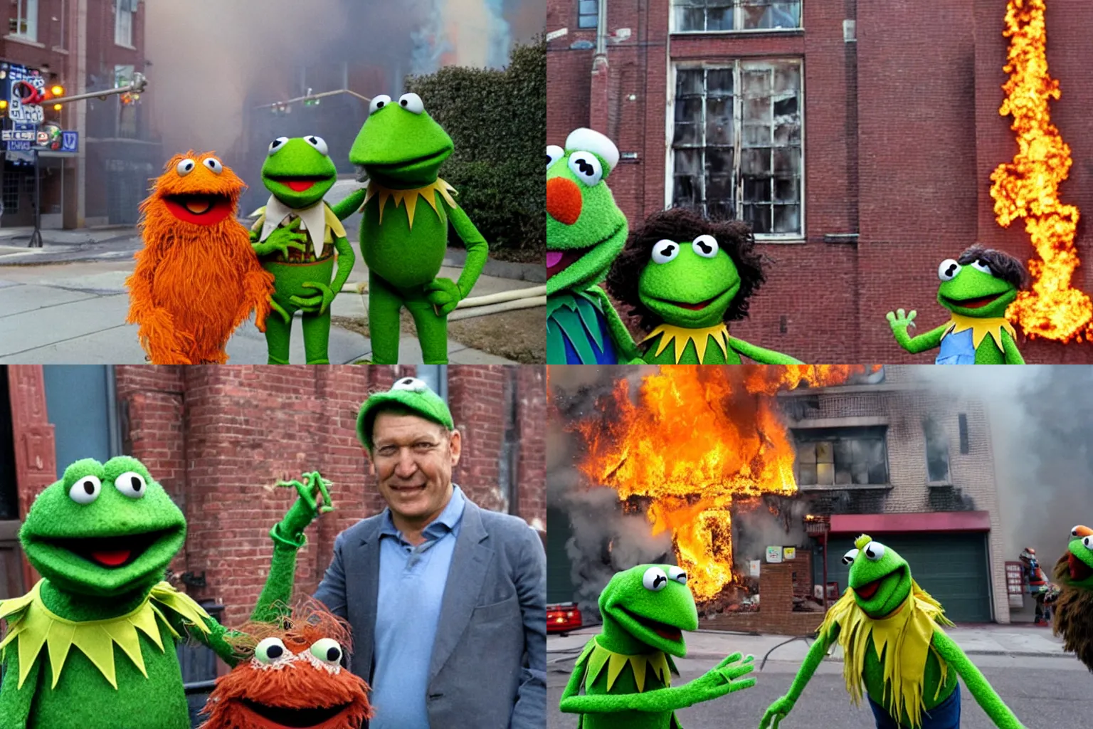 Prompt: Kermit the Frog and Oscar the Grouch posing for a photo in front of Sesame Street building covered in fire and flames