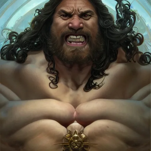 Image similar to hulking herculean ogre jesus christ, masterpiece, intricate, elegant, highly detailed, digital painting, artstation, concept art, smooth, sharp focus, illustration, art by artgerm and greg rutkowski and alphonse mucha and uang guangjian and gil elvgren and sachin teng, symmetry!!