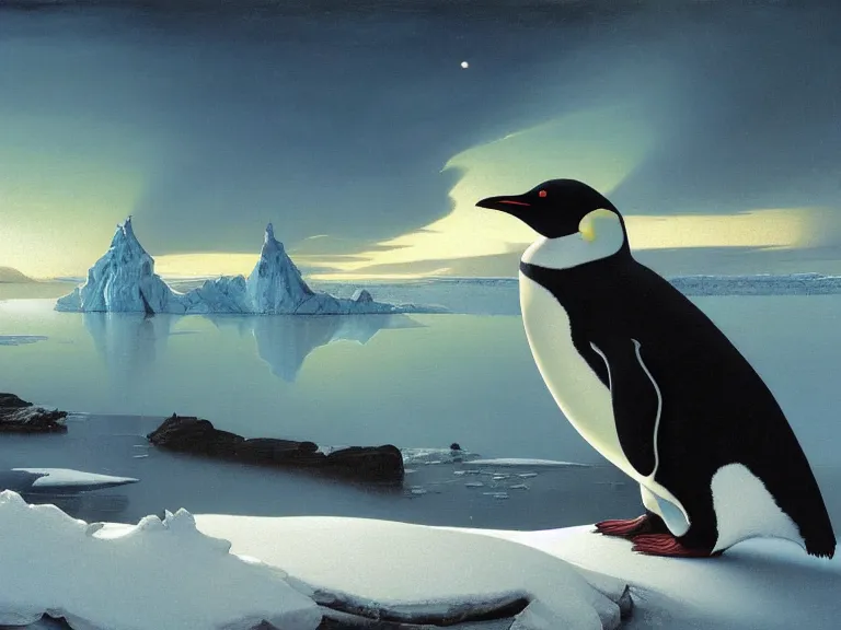 Prompt: an oil painting of a penguin next to a frozen ocean and a misty glacier at dusk. aurora. by tuomas korpi moebius and carl spitzweg. baroque elements. intricate artwork by caravaggio. oil painting. oil on canvas. award winning. dramatic. trending on artstation. 8 k