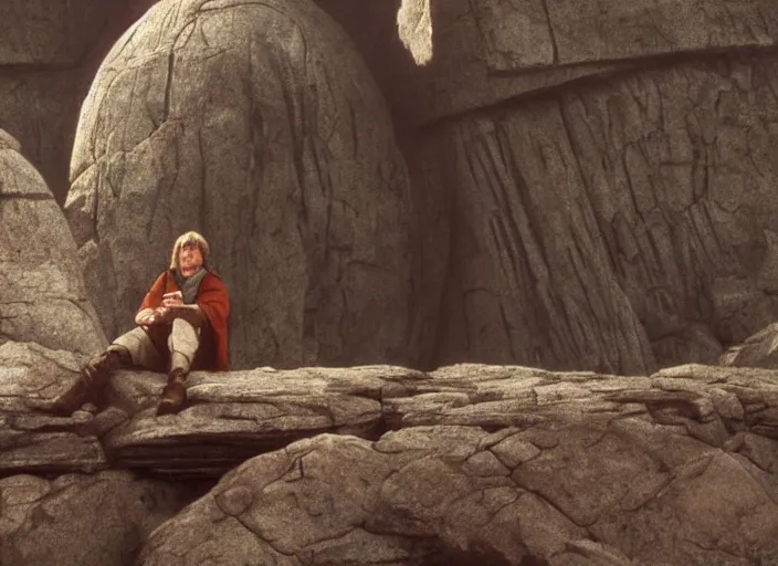 Image similar to screenshot of Luke Skywalker sitting around rocks floating in the air, outside on the rocky jedi temple, iconic scene from the last jedi, 1980s film directed by Stanley Kubrick, great portrait of Mark Hammill, cinematic lighting, kodak, stunning moody cinematography, with anamorphic lenses, crisp, detailed portrait, 4k image