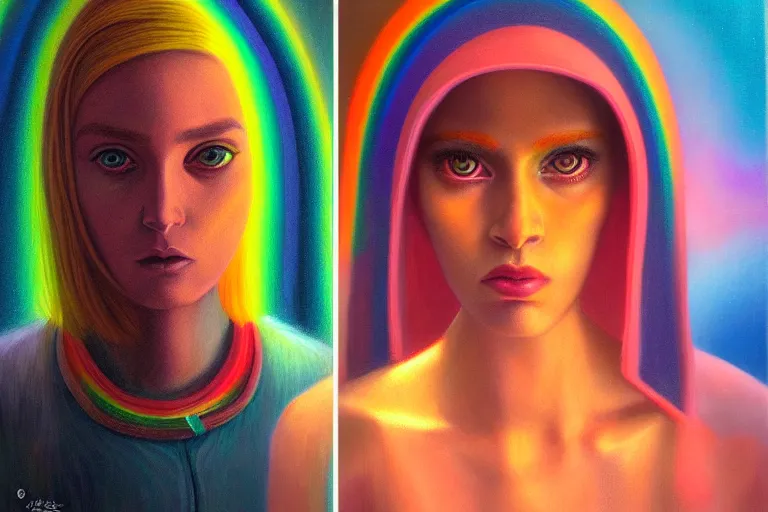 Image similar to patron saint of 🛸🌈👩🏾, futuristic clothing, neon god of city character portrait, in the style of margaret keane, moebius, tom bagshaw, and waterhouse, cinematic lighting, beautiful, elegant, oil painting,