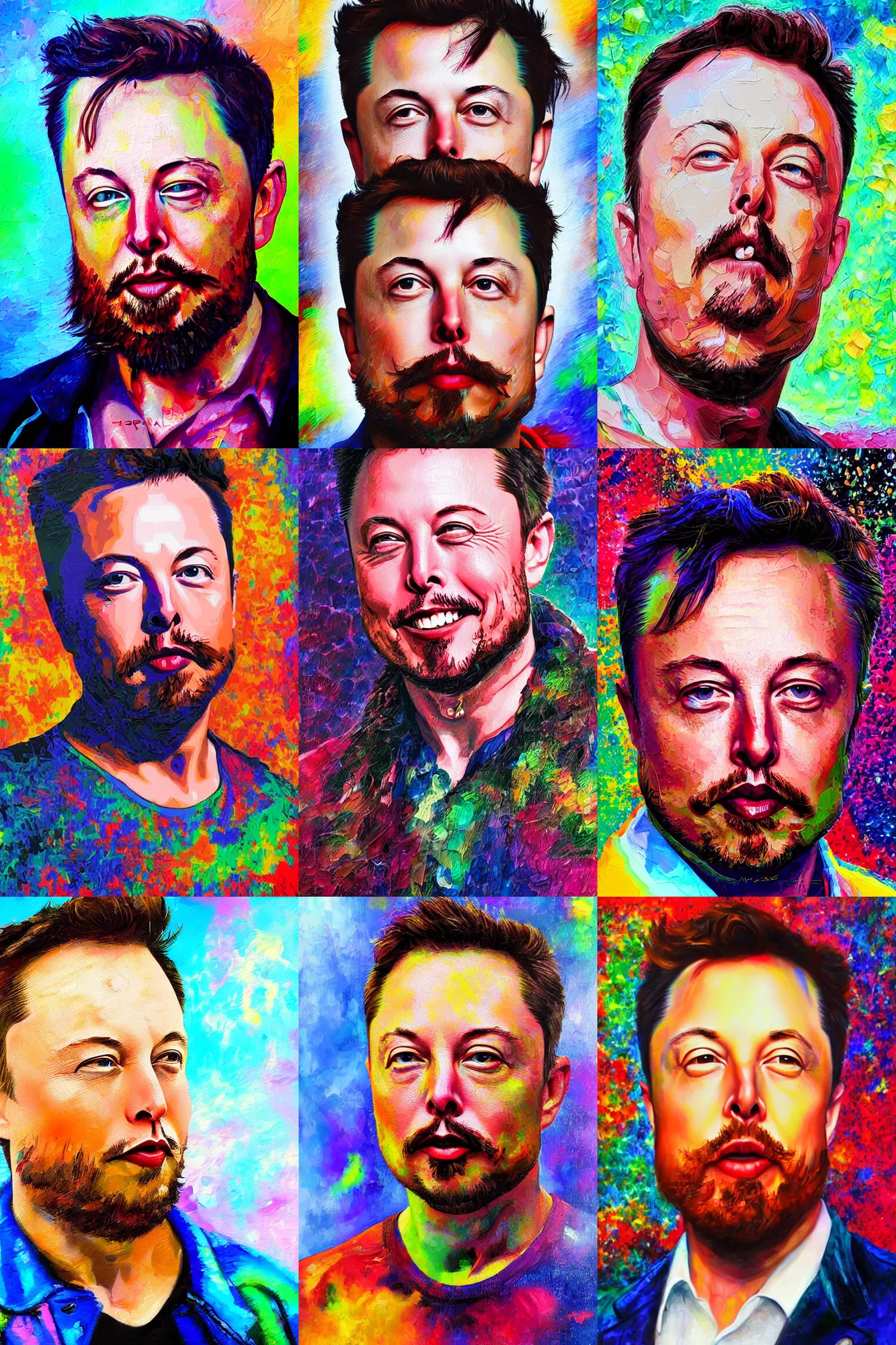 Prompt: inspirational style hope oil painting of elon musk with beard, psychedelic colors, highly detailed, realistic, loving