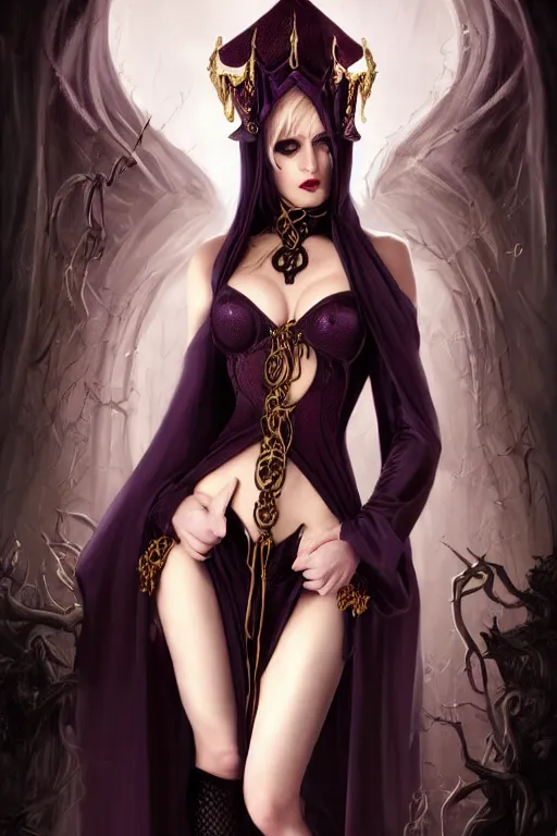 Prompt: Dark Fantasy portrait, Necromancer, female, gorgeous, beautiful face, dark garments, dark pruple robes, gold bracelet, Black cloak from neck to ankles, E-Cups, fishnets stockings, pin-up, shapely toned derriere, highly detailed, smooth, shrap focus, digital painting, illustration, by by Albert Aublet, Krenz Cushart, WLOP and Sakimichan, artstation