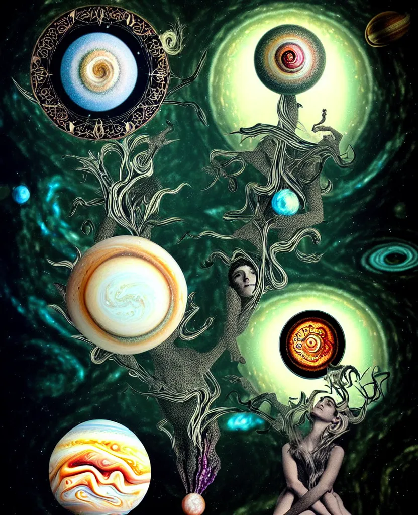 Prompt: whimsical uncanny creature alchemizes unique canto about'as above so below'being ignited by the spirit of haeckel and robert fludd, breakthrough is iminent, glory be to the magic within, to honor jupiter, surreal collage by ronny khalil