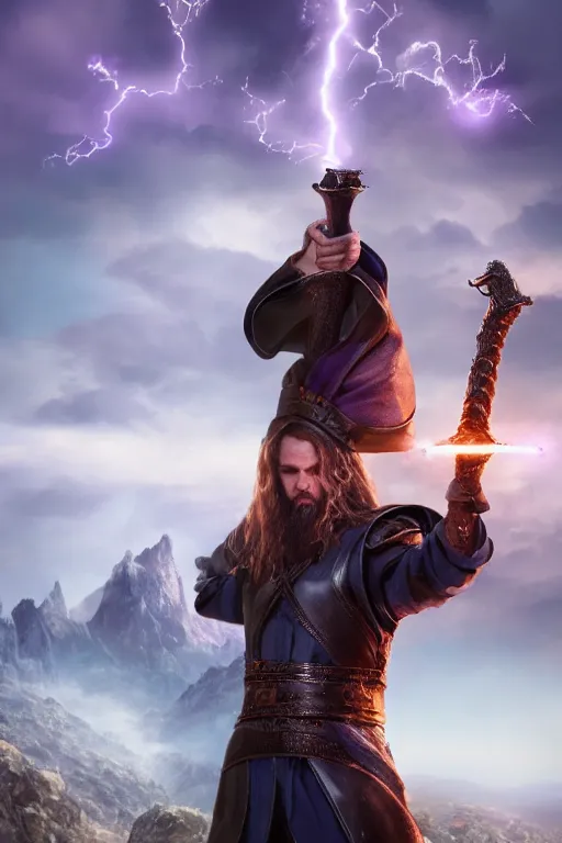 Prompt: hyper realistic wizard holding a sword that’s pointed towards the sky, getting shocked by purple lightning, standing on a mountaintop, octane, trending on artstation, hyper realistic, highly detailed, unreal engine, amazing depth of field, 8k