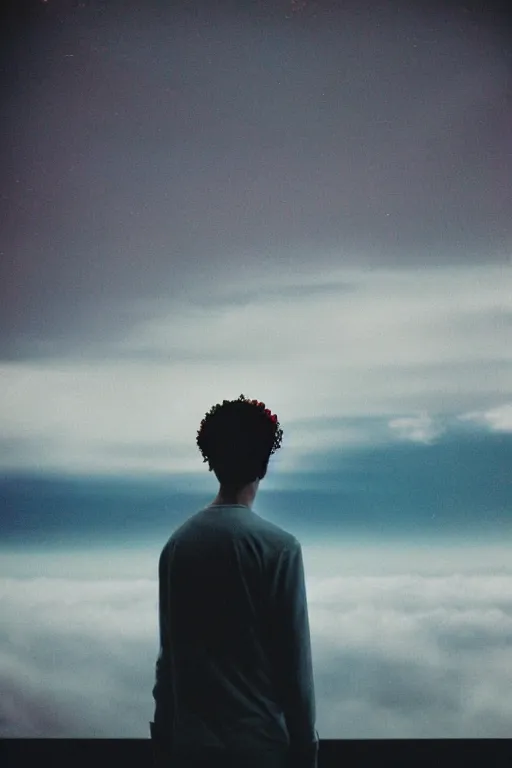 Image similar to kodak portra 1 6 0 photograph of a skinny guy standing in a spaceship, flower crown, back view, view of earth from window, moody lighting, moody vibe, telephoto, 9 0 s vibe, blurry background, tranquil, calm, faded!,