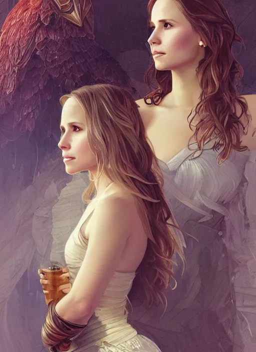Prompt: beautiful portrait of alona tal and kristen bell, intricate, elegant, highly detailed, digital painting, artstation, concept art, smooth, sharp, focus, illustration, art by artgerm and greg rutkowski and alphonse mucha