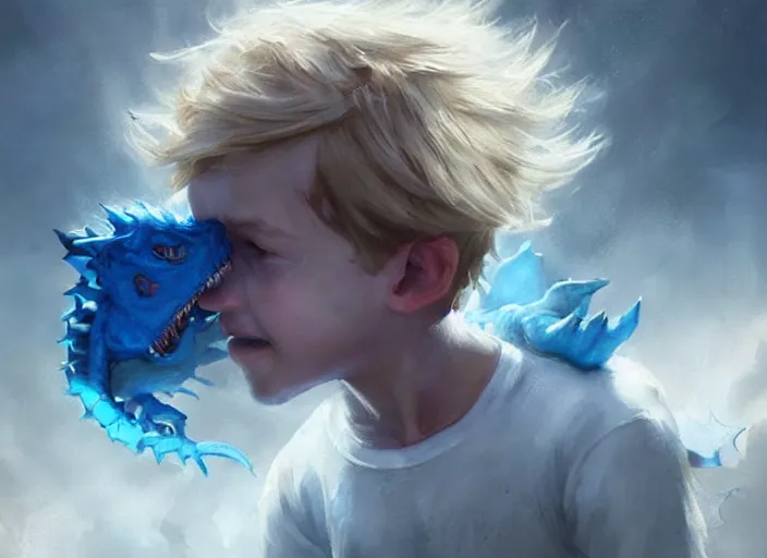 Prompt: a cute little boy with tousled blonde hair and blue eyes holds a blue baby dragon, beautiful fantasy art by greg rutkowski.