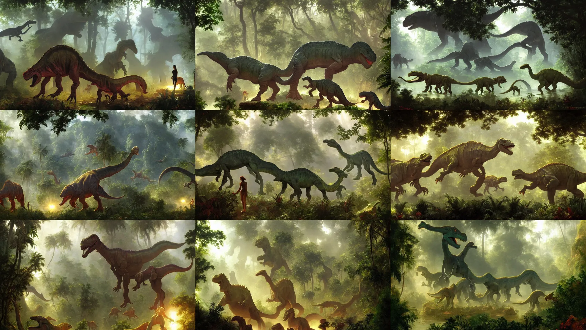 Prompt: glowing holographic dinosaurs, foggy jungle in the background, vibrant fantasy concept art by bouguereau