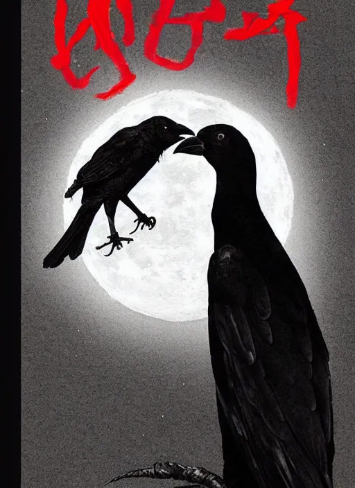 Image similar to portrait, A crow in front of the full big moon, book cover, red white and black colors, establishing shot, extremly high detail, foto realistic, cinematic lighting, pen and ink, intricate line drawings, by Yoshitaka Amano, Ruan Jia, Kentaro Miura, Artgerm, post processed, concept art, artstation, matte painting, style by eddie mendoza, raphael lacoste, alex ross