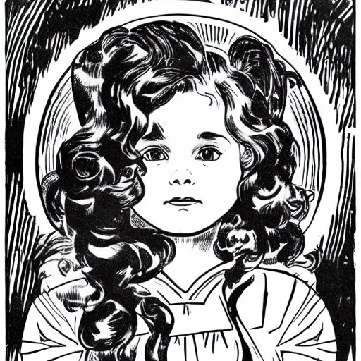 Image similar to clean simple line art of a little girl with wavy curly hair dressed as a superhero. white background. well composed, clean black and white line drawing, beautiful detailed face. illustration by steve ditko and jack kirby and alphonse mucha