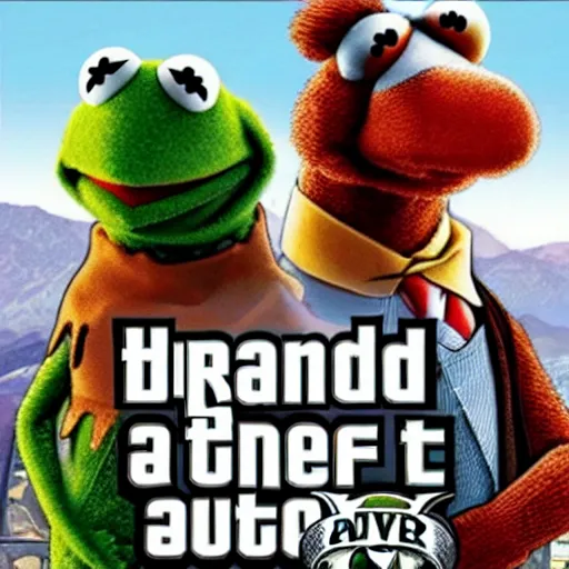 Prompt: the Muppets in GTA V, in the style of GTA cover art by Stephen Bliss