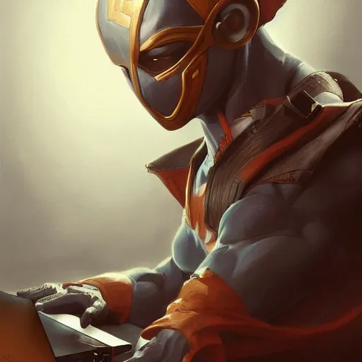 Prompt: a insanely detailed painting of masked superhero wearing a costume sitting at the computer nervously clicking on the mouse in the style of peter mohrbacher, dramatic lighting and composition, trending on artstation