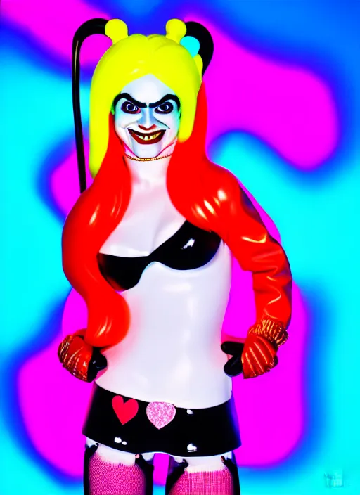 Image similar to kodak portra 4 0 0 of wendy's mascot wendy thomas as harley quinn, neon mood 8 k, soft light, volumetric lighting, highly detailed, 1 5 0 mm lens, elegant, vhs still photo realistic skin, backlit texture