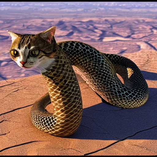 Image similar to a snake cat in the desert wild nature HD photo superrealism 3d 8k resolution