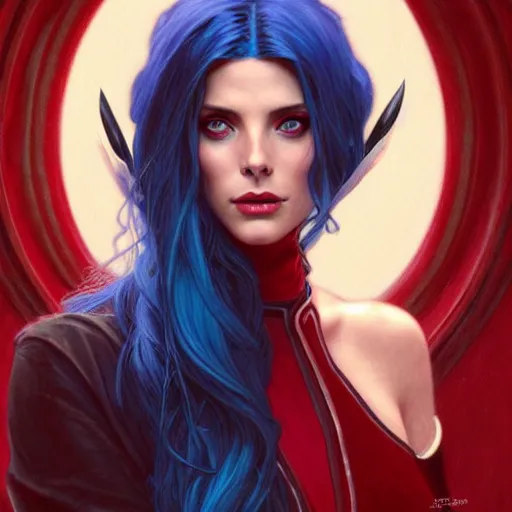 Image similar to Ashley Greene with blue hair as Scarlet Witch, western, D&D, fantasy, intricate, elegant, highly detailed, digital painting, artstation, concept art, matte, sharp focus, illustration, art by Artgerm and Greg Rutkowski and Alphonse Mucha