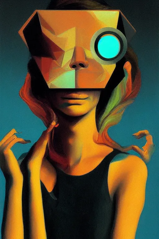 Image similar to woman wearing oculus and digital glitch head edward hopper and james gilleard, zdzislaw beksisnski, higly detailed