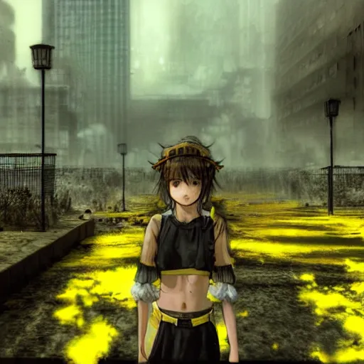 Prompt: post apocalyptic city, crying girl covered in yellow and blue smoke, by akihiko yoshida